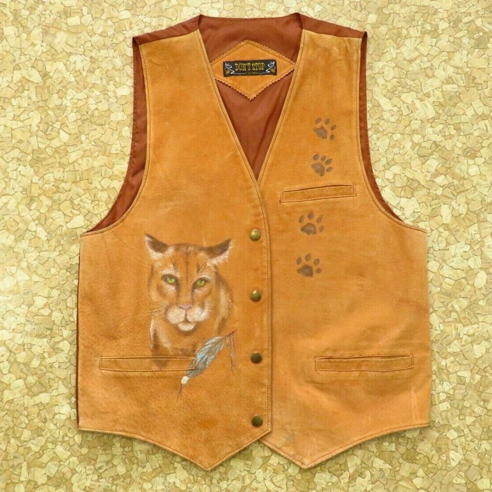 Vintage Suede Vest Hand Painted Cougar Medium 39 Bust
